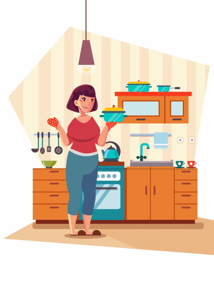 free vector Kitchen work background woman furniture icons cartoon design